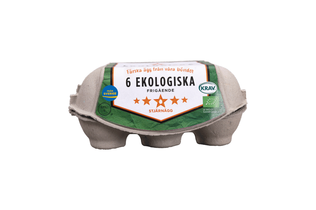 En kartong som innehåller sex ekologiska ägg från frigående höns märkta 6 Ekologiska på svenska, med certifieringslogotyper och en grön och vit etikett. Kartongen är tillverkad av grå kartong.