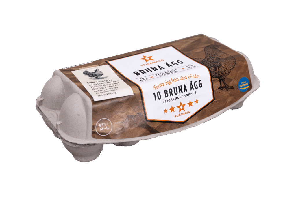 En kartong med 10 bruna ägg märkta 10 Bruna Ägg på svenska, tillverkad av återvunnet papper, med en brun design och kycklingillustration på förpackningen.