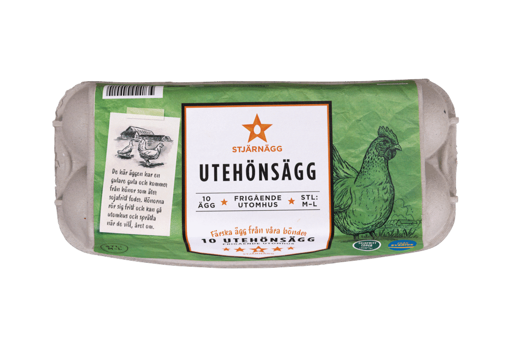 En kartong med ägg av märket Stjärnägg märkt "UTEHÖNSÄGG" innehållande 10 ägg från frigående höns, storlek M-L. Förpackningen är grön med en illustration av en höna och text på svenska.