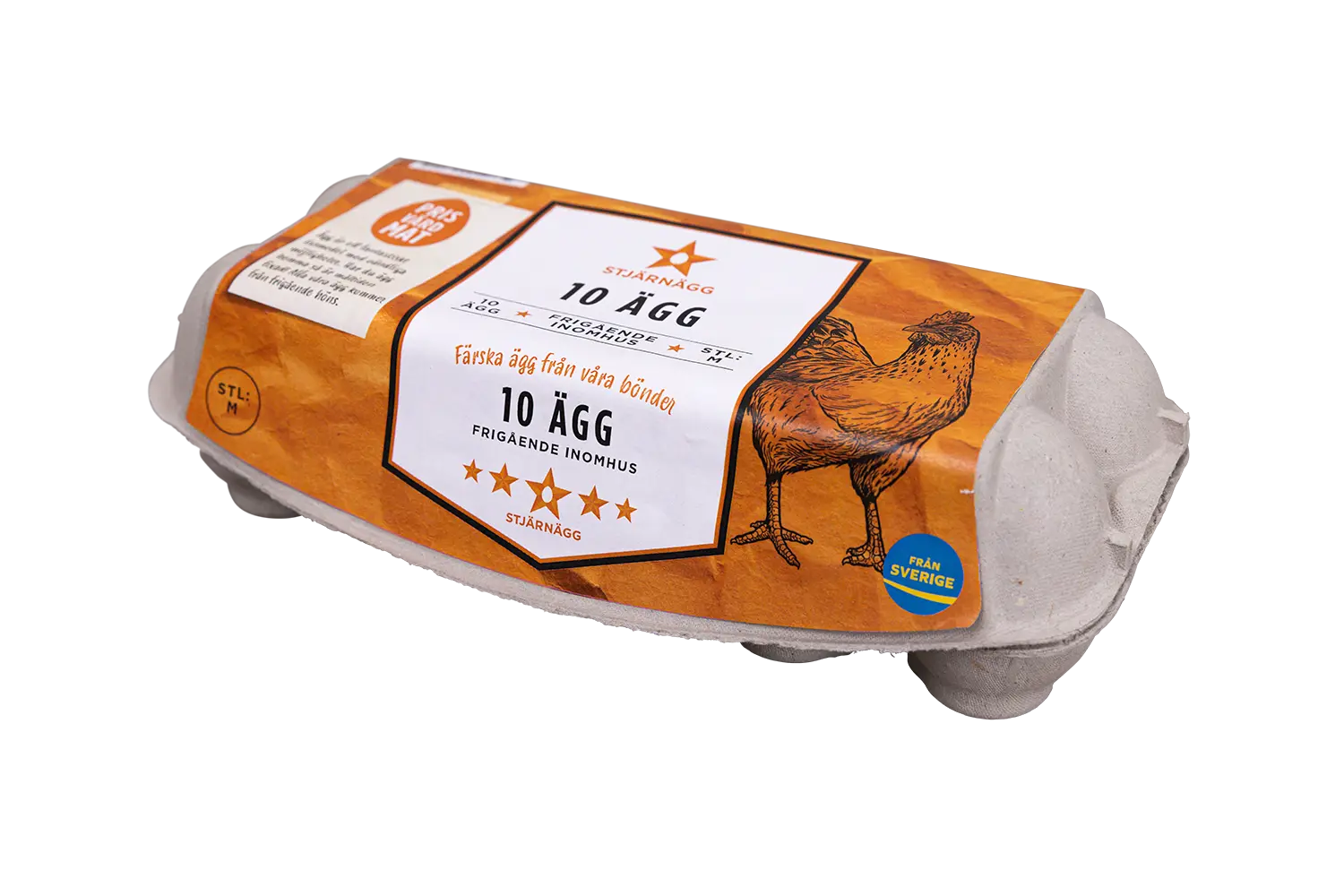 En kartong med 10 ägg märkt 10 ÄGG med en illustration av en kyckling mot en brun bakgrund. På förpackningen finns svensk text och en blå etikett som anger Från Sverige.