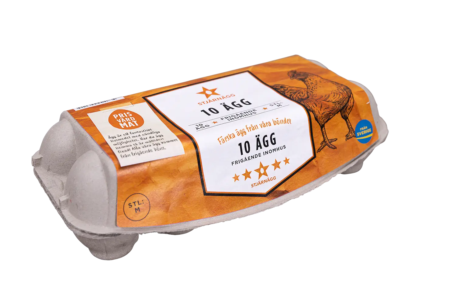 10-pack ägg En kartong med tio ägg i orange och vit förpackning med en illustration av en kyckling och svensk text, bland annat 10 Ägg och Frigående inomhus. Kartongen är tillverkad av återvunnet papper.