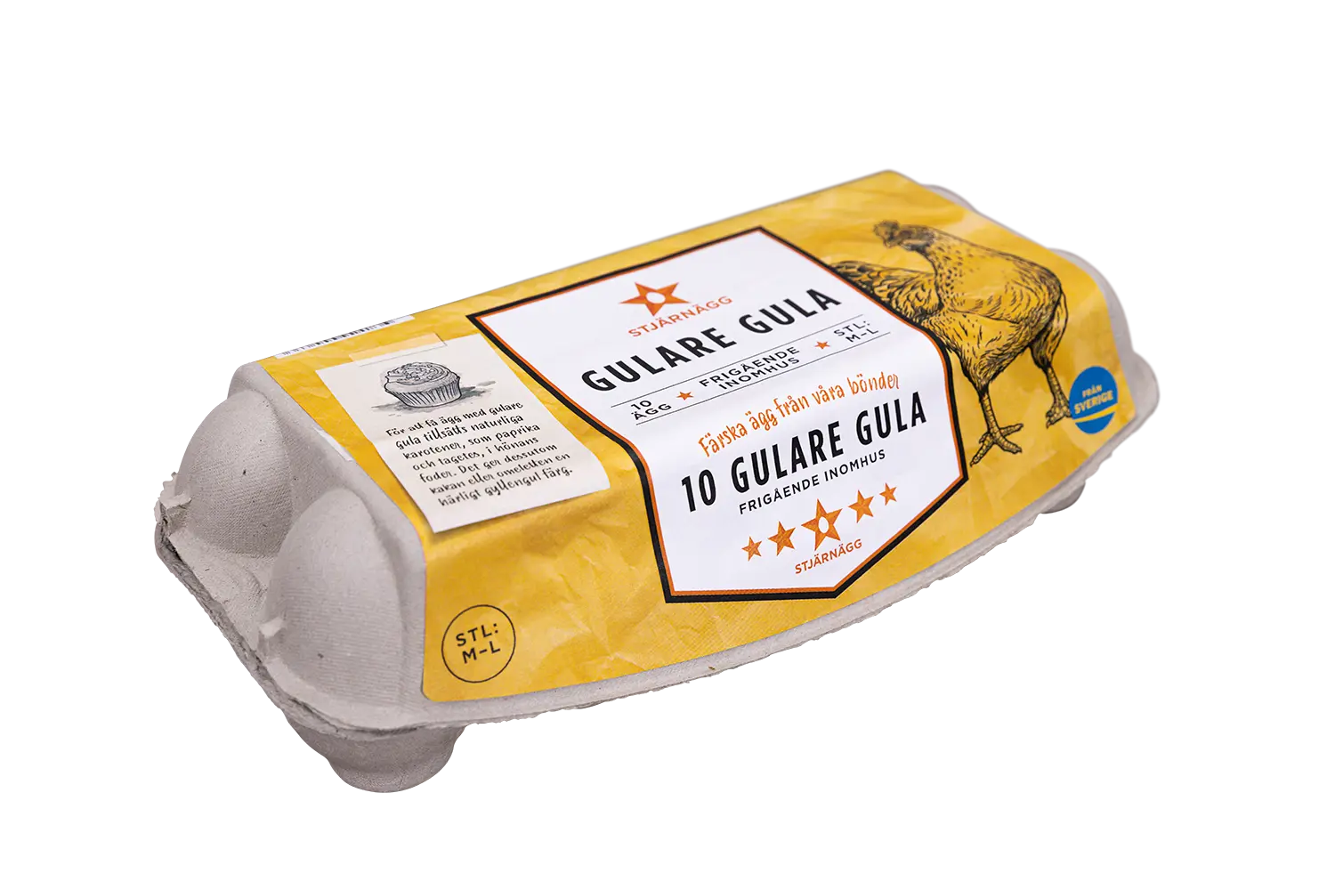 10-pack gulare gula En gulvit kartong innehållande 10 ägg, märkta GULARE GULA med illustrationer av en kyckling och text på både thailändska och svenska. Förpackningen är delvis öppen och avslöjar äggen inuti.