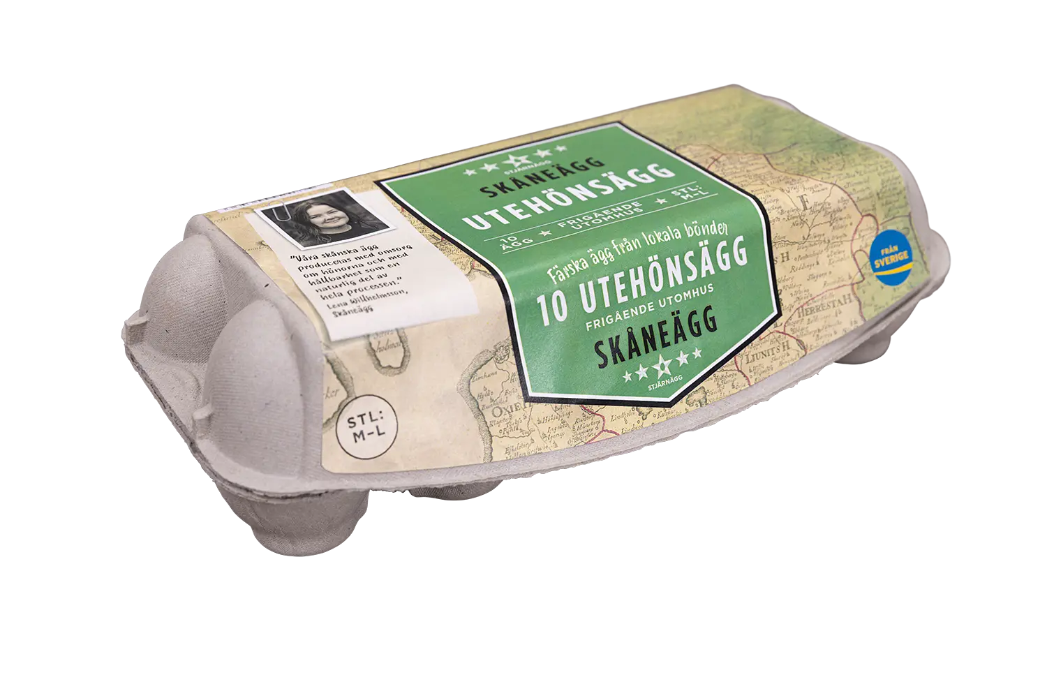 En kartong med Skåneägg Utehönsägg frigående ägg, innehållande 10 mellanstora ägg, med grön och beige förpackning med kartdesign och produktinformation på svenska.