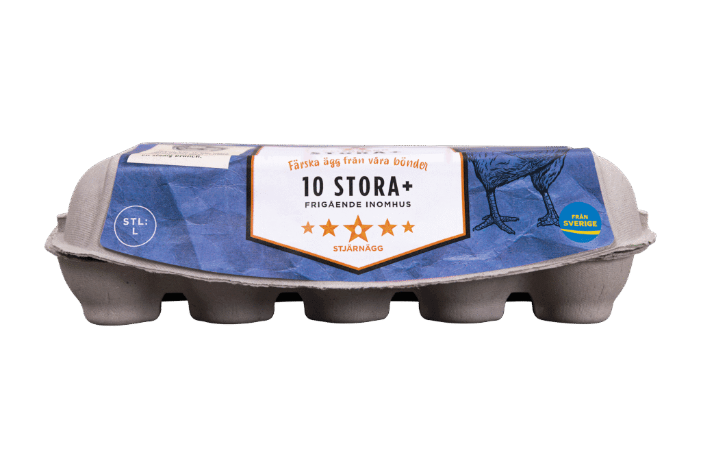 En kartong med 10 stora ägg märkta 10 Stora+ på svenska, med blå och grå design, stjärnmärkning och Från Sverige-märke, mot en vit bakgrund.