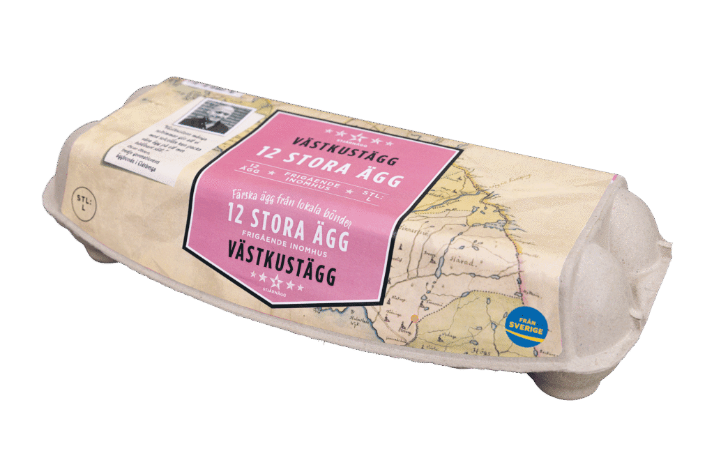 En kartong med Västkustägg 12 stora ägg med en vintage kartdesign på förpackningen och en etikett som anger att äggen är från Sverige.