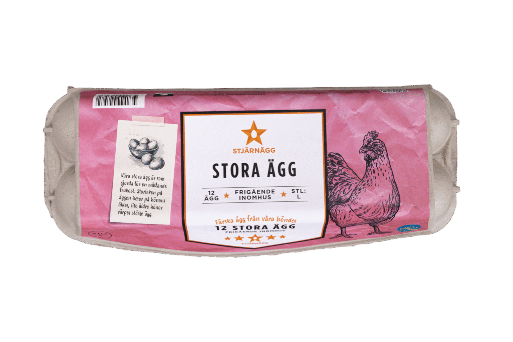 En kartong ägg av märket Stjärnägg med en rosa etikett med en teckning av en höna, ägg och en text som anger 12 stora ägg (stora ägg) på svenska.