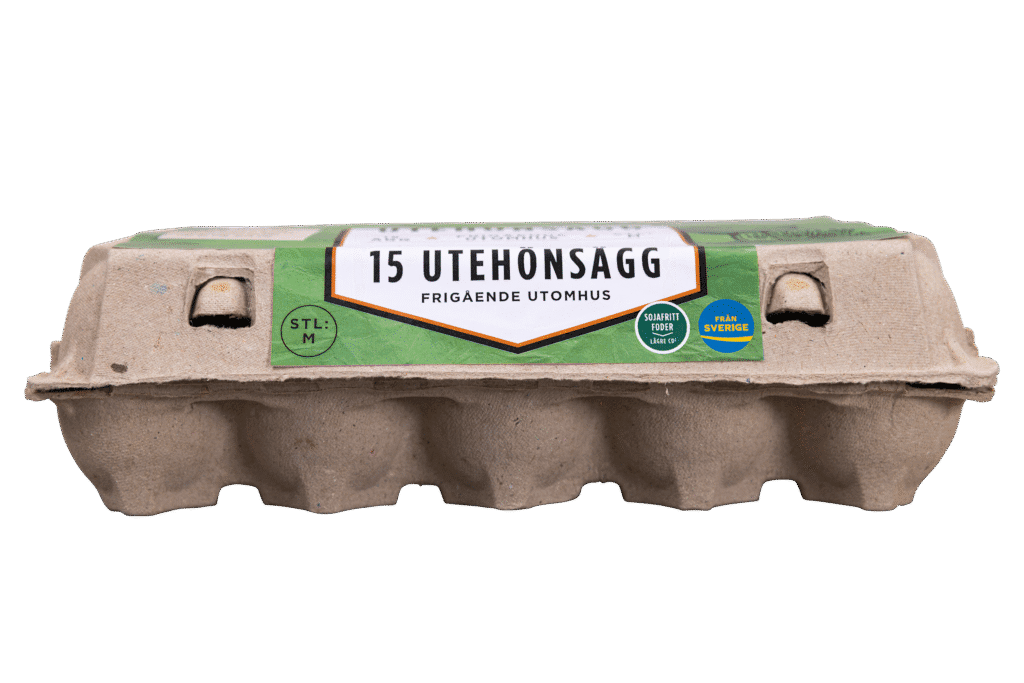En sluten kartong med 15 ägg, märkt "15 UTEHÖNSÄGG" med en grön och vit design, vilket indikerar medelstora och frigående ägg från Sverige.