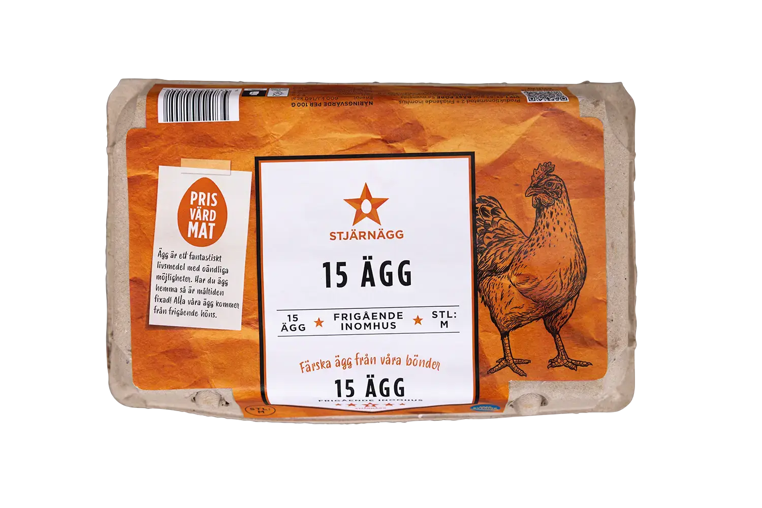 15-pack-agg-2 En kartong med ägg av märket Stjärnägg innehållande 15 medelstora ägg från frigående höns. Förpackningen har en illustration av en kyckling och en orangegul bakgrund med svensk text.