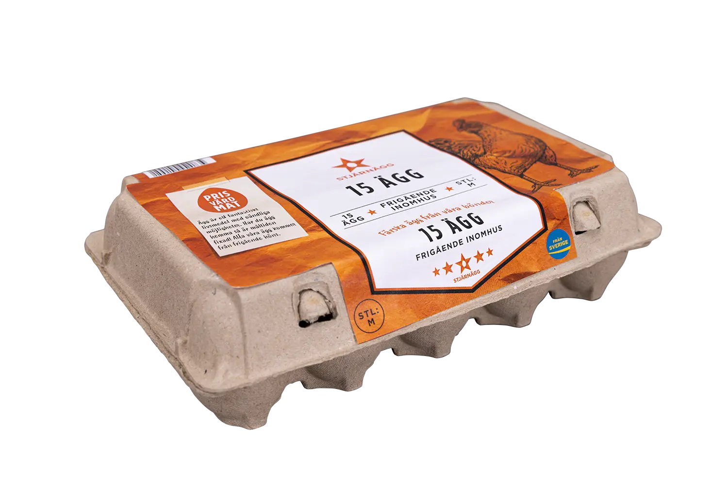 En sluten kartong med 15 ägg med en orange och vit etikett med en kycklingillustration och text på danska, mot en vit bakgrund.