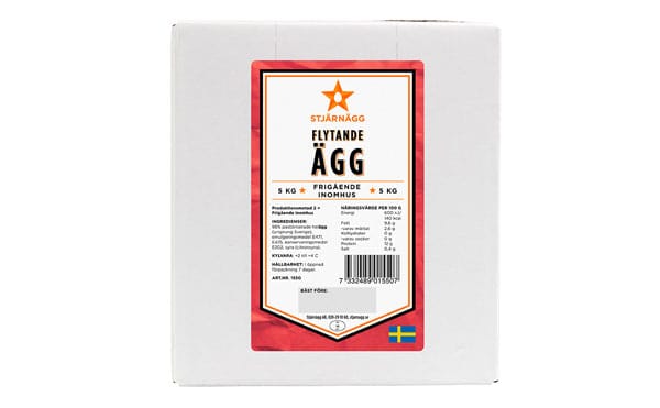 En vit kartong med flytande ägg från Stjärnägg, märkt Flytande Ägg på svenska. Kartongen innehåller 5 kg och har en svensk flagga i hörnet.