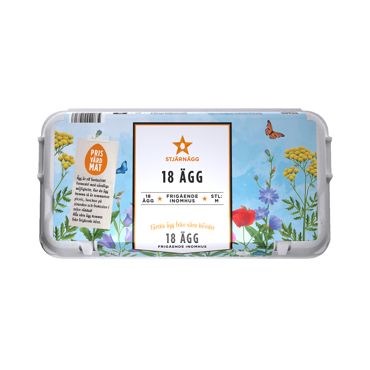 En kartong med ägg av märket Stjärnägg som innehåller 18 ägg, med ett mönster av blommor och fjärilar på blå bakgrund, svensk text och en guldfärgad stjärna som logotyp på framsidan.