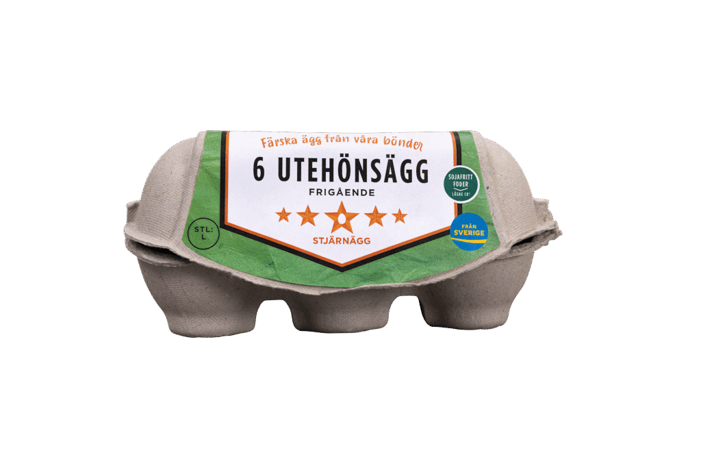 En kartong med sex ägg märkta på svenska, 6 UTEHÖNSÄGG, med en grön och orange etikett och symboler som indikerar frigående ägg från Sverige. Kartongen är tillverkad av återvunnet grått papper.