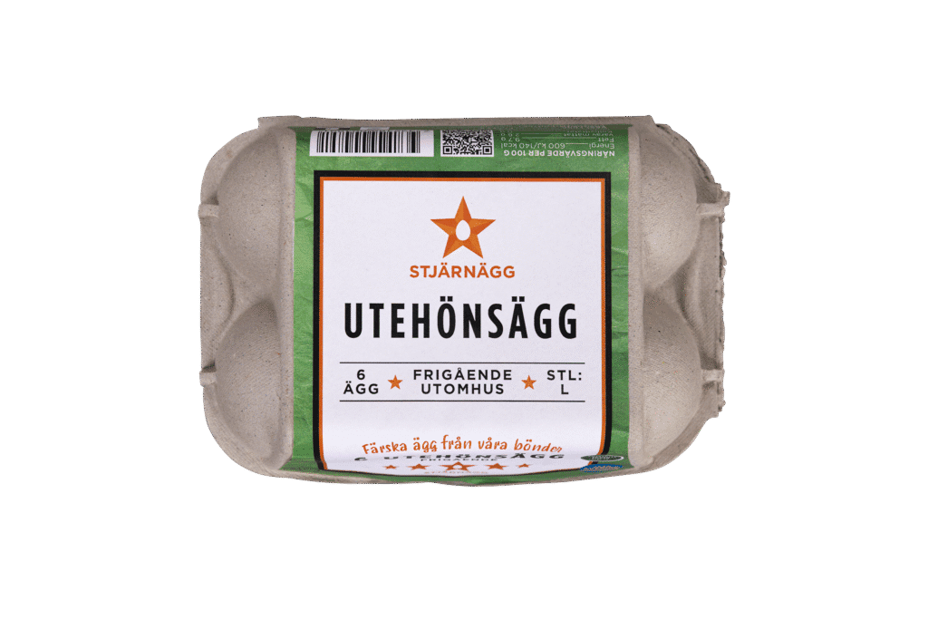 En kartong ägg av märket Stjärnägg märkt "Utehönsägg", innehållande 6 ägg från frigående höns, storlek large, med grönvit etikett och en orange stjärna på framsidan.
