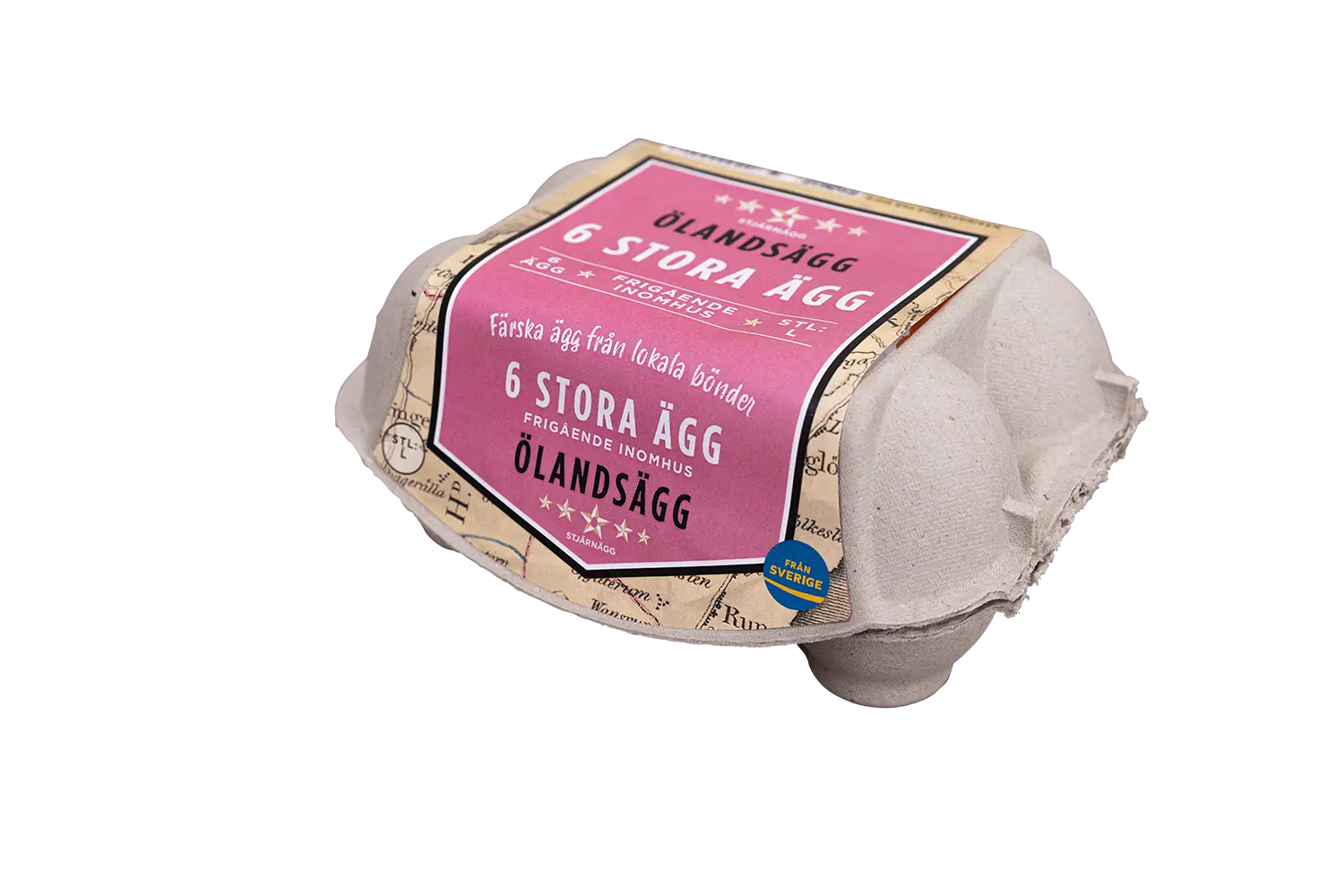 En kartong med ägg av märket Ölandsägg, märkt 6 Stora Ägg på svenska, tillverkad av ljus kartong med rosa och beige förpackning med text och dekorativa element.