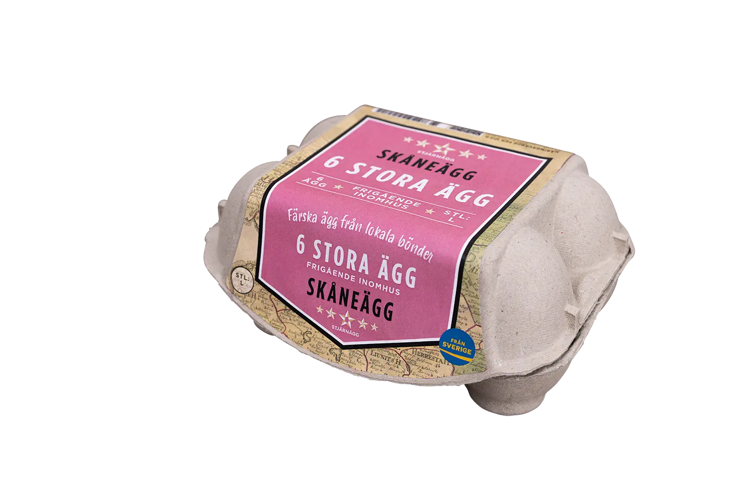 En kartong med ägg av märket Skåneägg, märkta 6 stora ägg på svenska, med en rosa och vit etikett på en grå kartongförpackning.