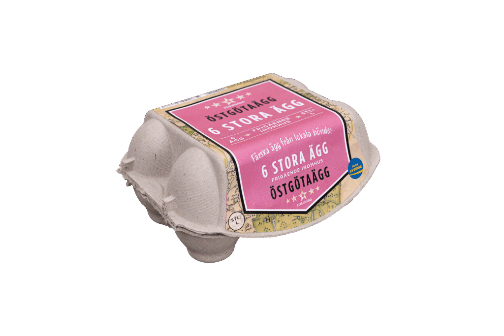 En stängd äggkartong i grå papp märkt Östgöta Ägg 6 Stora Ägg med rosa och gult motiv, innehållande sex stora ägg. Texten är på svenska. Kartongen är placerad mot en vit bakgrund.
