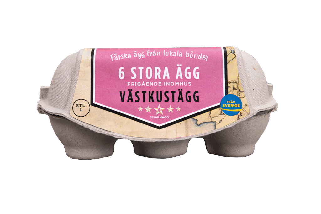 En kartong med sex stora ägg märkta 6 Stora Ägg från Västkustägg. Förpackningen är beige med en rosa och blå etikett, och texten anger att äggen är färska, närproducerade och från Sverige.