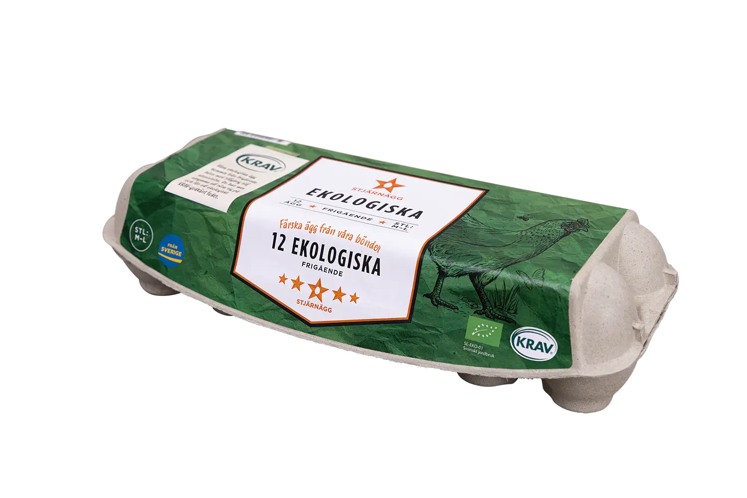 En kartong med tolv ekologiska ägg märkta Ekologiska med grön och vit förpackning, med en illustration av en kyckling och olika certifieringslogotyper, inklusive KRAV och EU-ekologiskt.