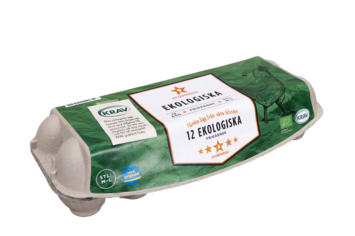 12-pack ekologiska ägg En grön kartong med 12 ekologiska ägg, märkta "Ekologiska" med svensk text och certifieringslogotyper, med en illustration av en kyckling på förpackningen.