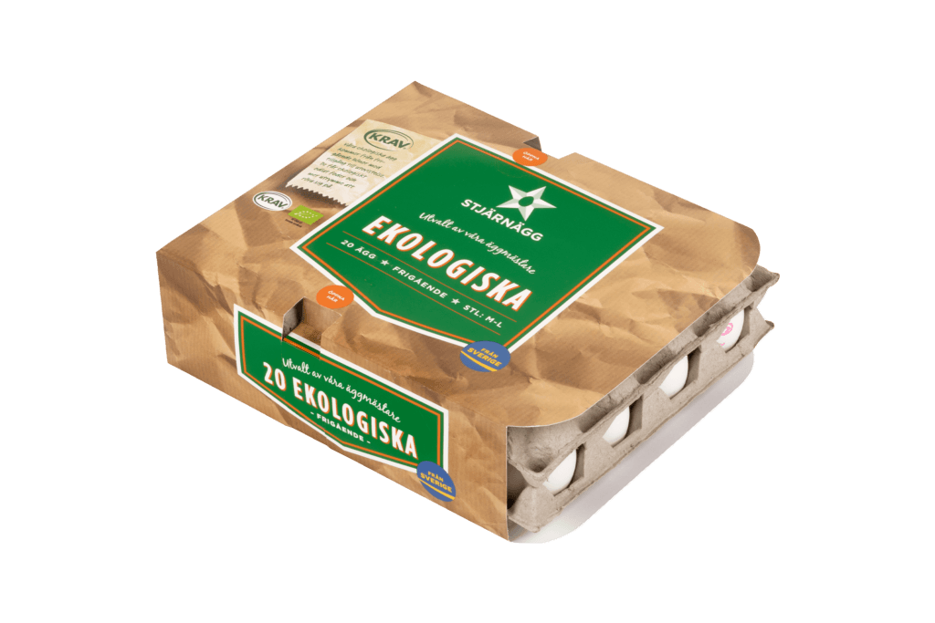 En kartong med 20 ekologiska ägg med grön och brun förpackning märkt "Ekologiska" och "Stjärnägg", med synliga vita ägg inuti den delvis öppna kartongen.
