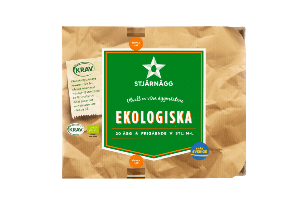 En brun kartong med Stjärnägg Ekologiska ägg med grön och vit märkning, med olika certifieringslogotyper och svensk text som anger 20 ekologiska ägg, medelstor-stor storlek, från Sverige.