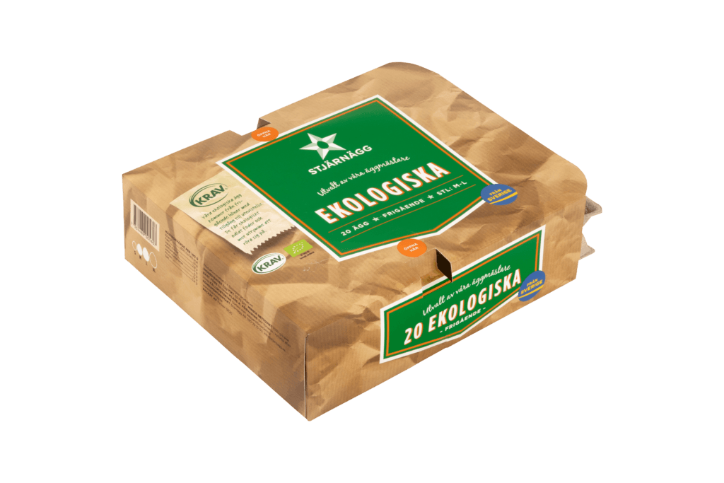 Ett 20-pack Stjärnägg ekologiska ägg i en brun, miljövänlig kartong med en grön etikett som visar Ekologiska och certifieringslogotyper.