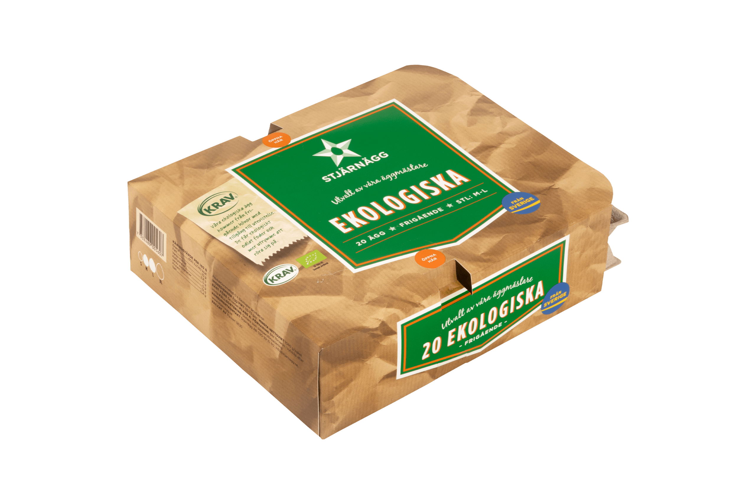 Stjarnagg-20-pack-vanster Ett 20-pack Stjärnägg ekologiska ägg i en brun, miljövänlig kartong med en grön etikett som visar Ekologiska och certifieringslogotyper.