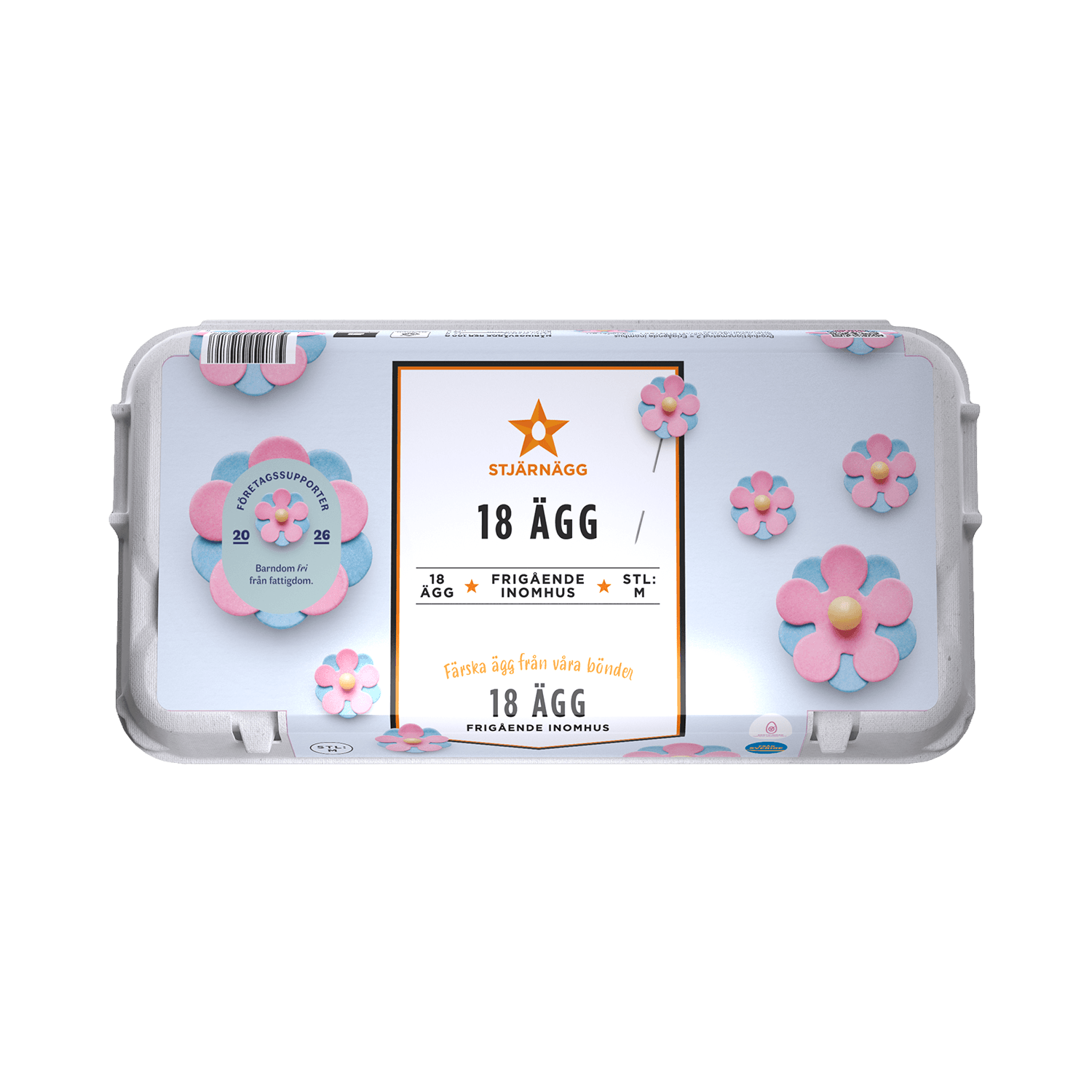 Majblomman-2026 En ljusblå äggkartong dekorerad med rosa, blå och vita blommönster. På etiketten står det ”Stjärnägg 18 ägg” och den innehåller information på svenska om äggens storlek och hönornas hållningsförhållanden.