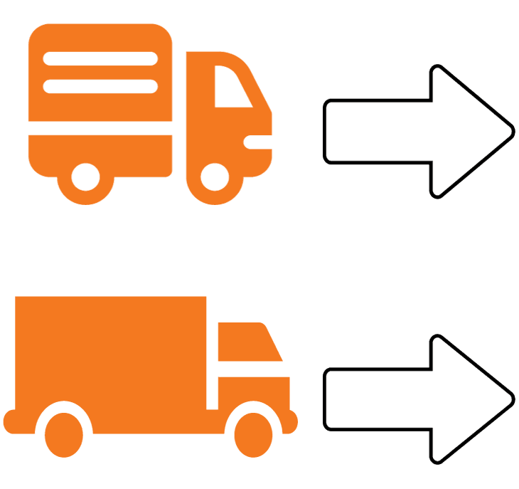 korta_transporter (1) Två orangea ikoner för budbilar, var och en bredvid en stor konturerad pil som pekar åt höger. Den övre lastbilen är förenklad med horisontella linjer, medan den nedre lastbilen är mer solid och detaljerad.