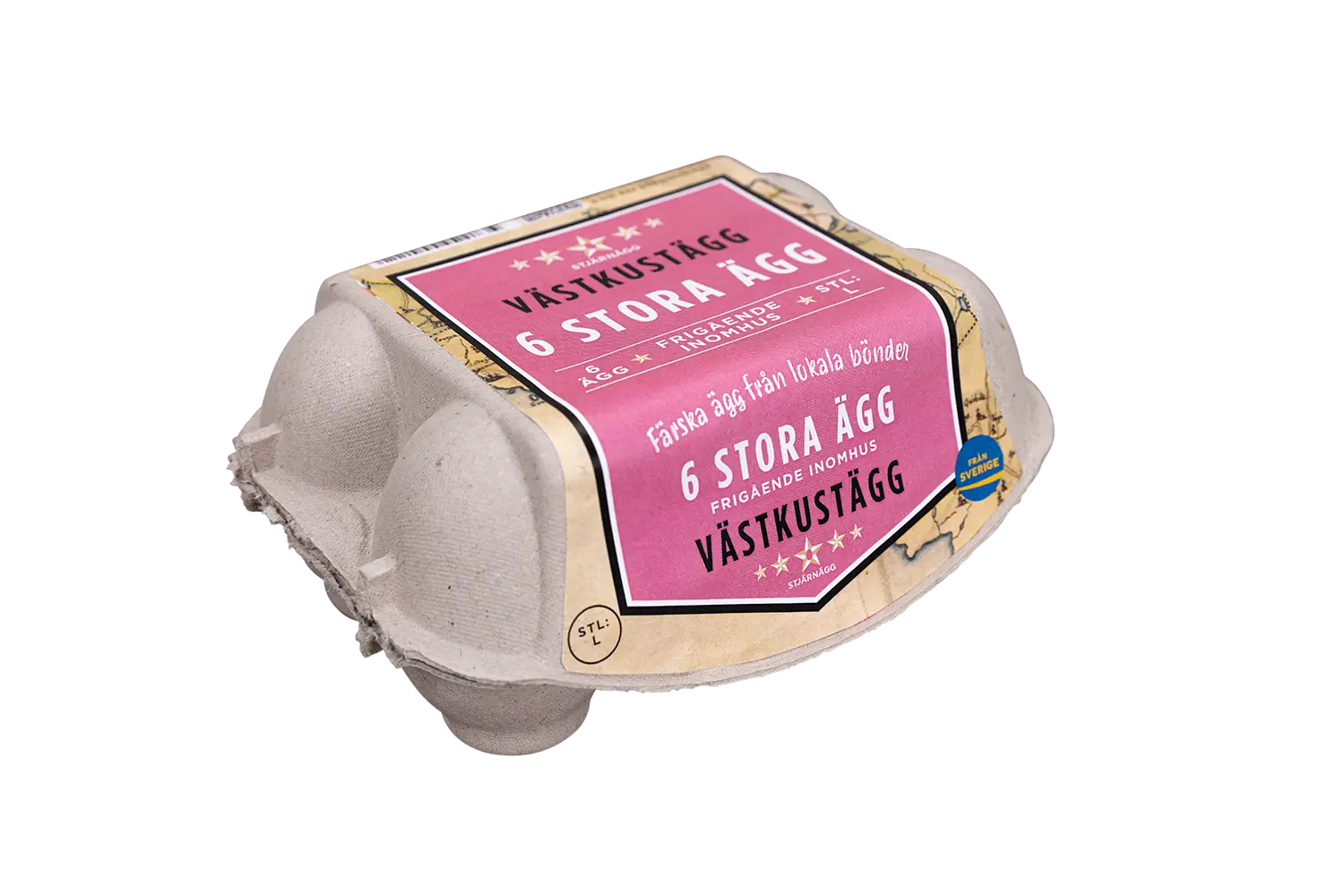 En kartong innehållande 6 stora ägg, märkt Västkustägg 6 stora ägg med ett rosa och beige mönster och text på svenska på ovansidan.