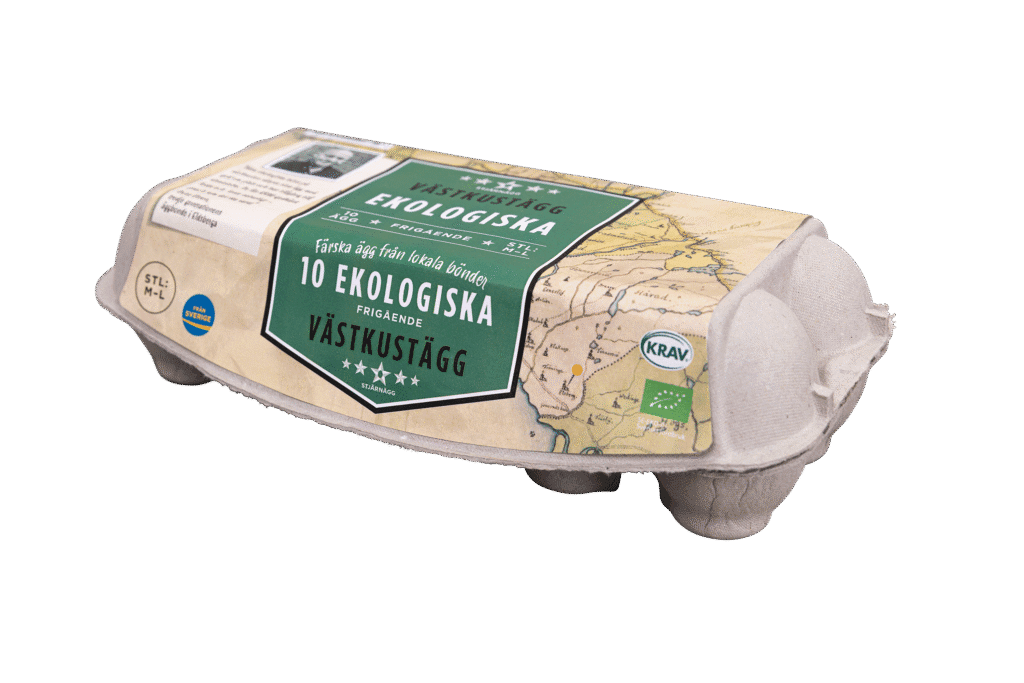 En kartong med 10 ekologiska ägg märkta Ekologiska Västkustägg, med svensk text och certifieringslogotyper, förpackade i en återvinningsbar grå kartong med en kartdesign på förpackningen.