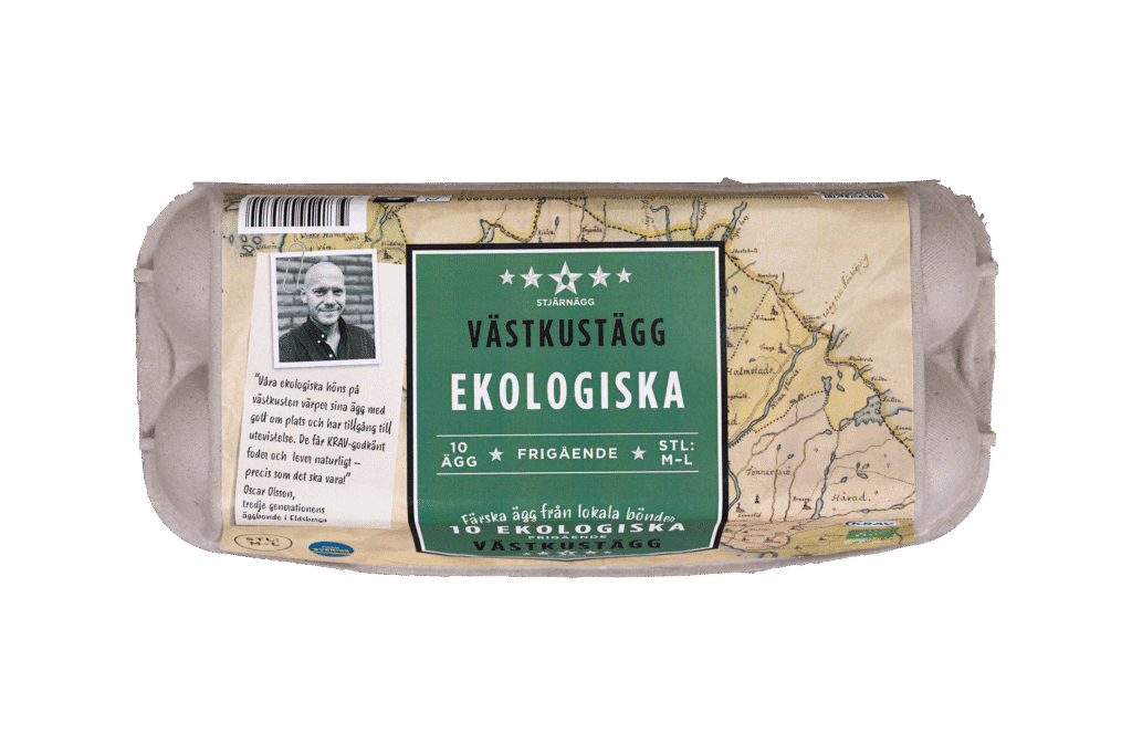En kartong med Västkustägg Ekologiska frigående ekologiska ägg, storlek medium-large, med svensk text och en vintage kartdesign. På kartongen finns ett foto och ett meddelande från en lokal bonde. Innehåller 10 ägg.