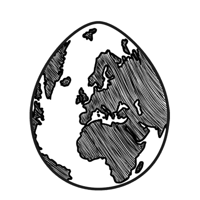 Ägg är klimatsmart En svartvit teckning av en äggformad kontur som innehåller en skiss av jordens kontinenter, med fokus på Europa, Afrika och delar av Asien och Amerika.