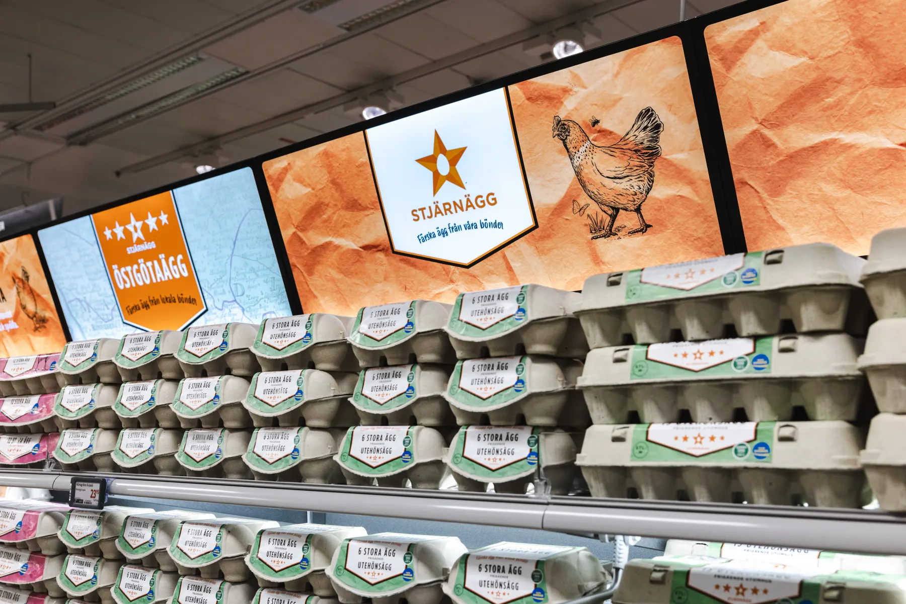 På butikshyllorna står äggkartonger staplade under digitala skyltar som visar en stjärna, en kycklingillustration och texten Stjärnägg på svenska, vilket indikerar ett äggmärke.