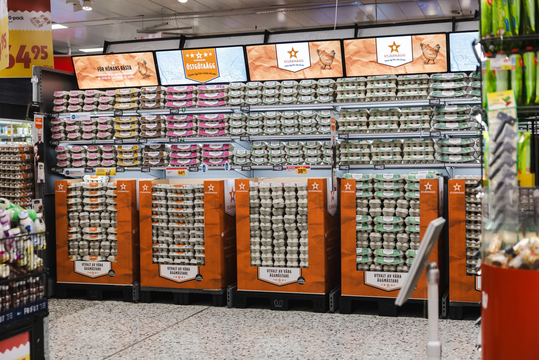 Butikshyllor med olika smaker av konserverad kattmat, organiserade efter färg och varumärke, med orange reklamskyltar och digitala displayer ovanför. Ett ställ med leksaker för husdjur syns på höger sida.