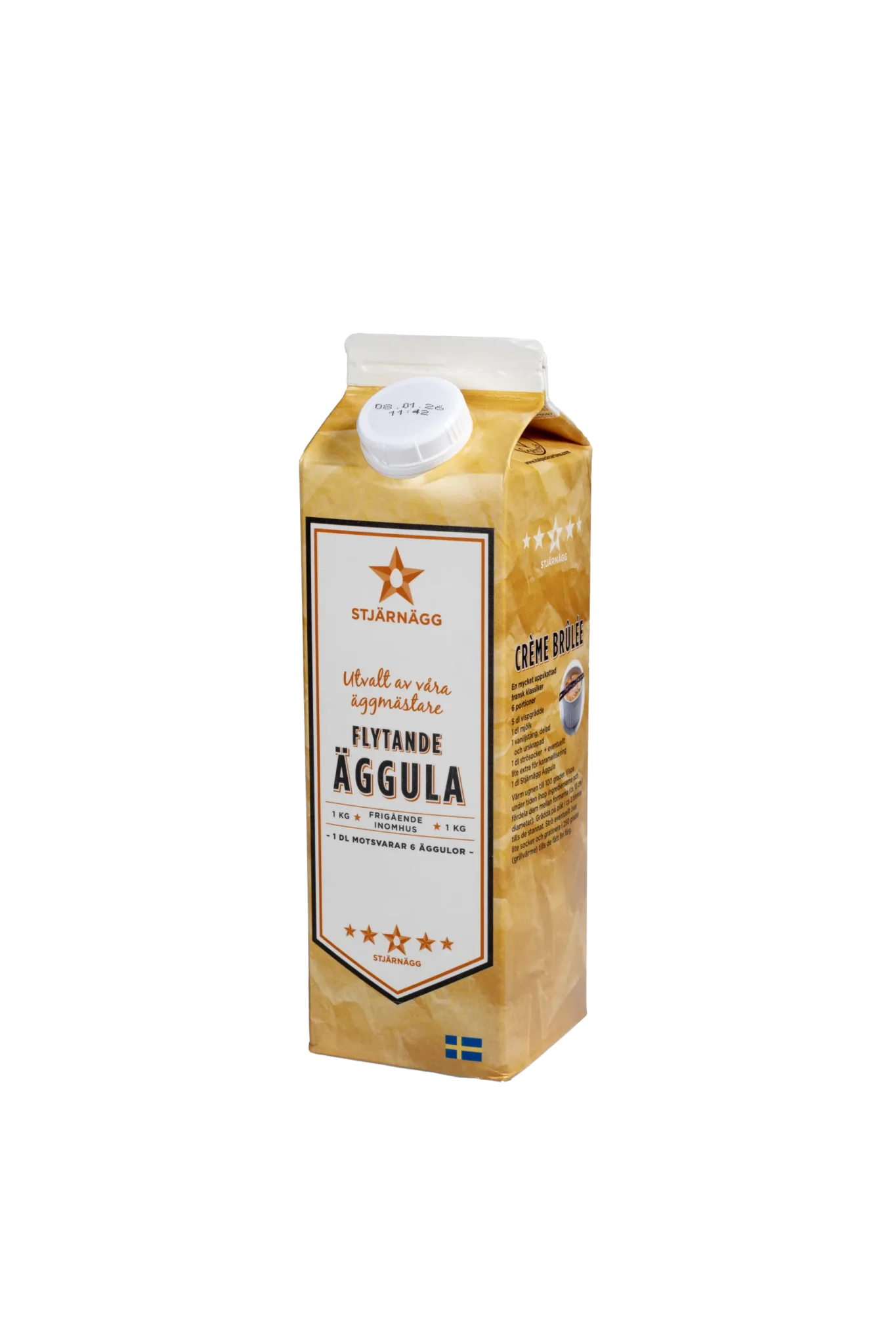 En kartong med Stjärnägg Flytande Äggula, en svensk flytande ägguleprodukt, med gul design, vitt lock och svensk flagga i botten.
