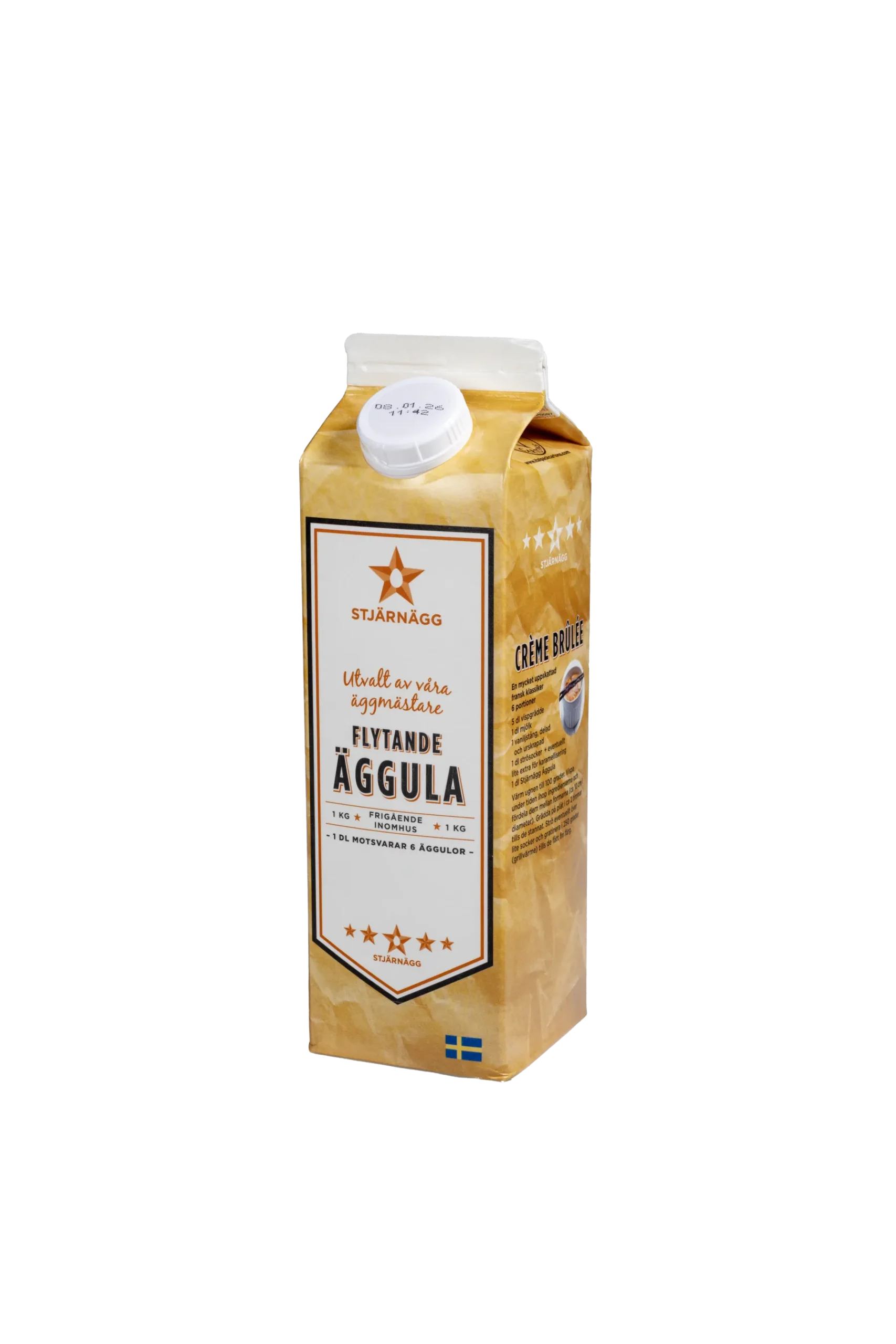 En kartong med Stjärnägg Flytande Äggula, en svensk flytande ägguleprodukt, med gul design, vitt lock och svensk flagga i botten.