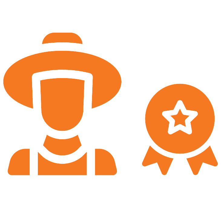 Utvalda producenter Orange ikon av en person med bredbrättad hatt och overall bredvid ett band med en stjärna i mitten, som symboliserar en utmärkelse eller ett erkännande.