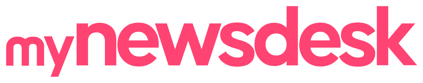 Bilden visar mynewsdesk-logotypen med texten i fetstil, små bokstäver och en ljusrosa färg på en ljusgrå bakgrund.