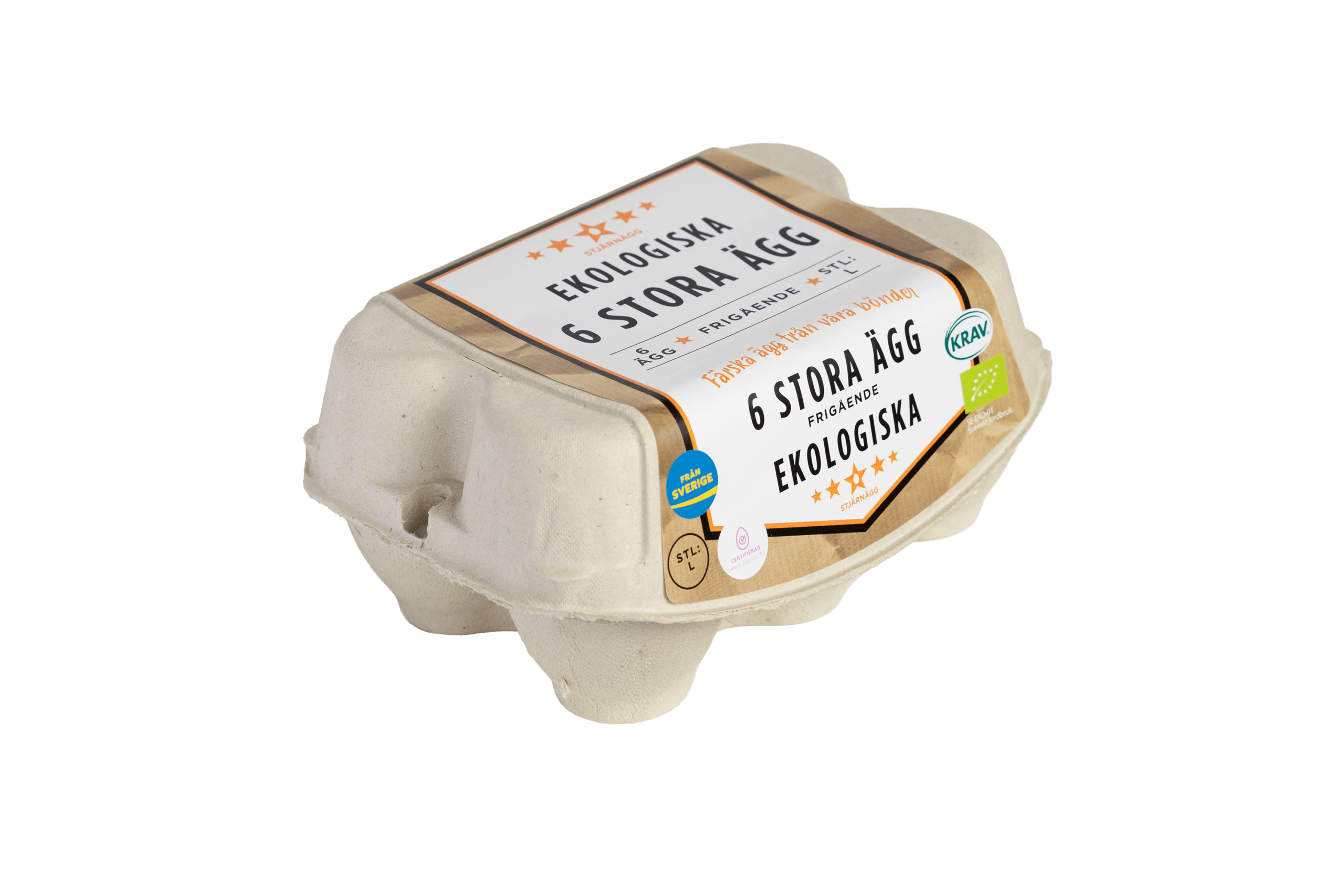 stjarnagg-_0001_6p-ekologiska-vanster En stängd kartong märkt Ekologiska 6 Stora Ägg, innehållande sex ekologiska stora ägg, med svensk text och certifieringslogotyper på vit bakgrund.