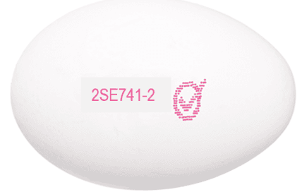 Ett vitt ägg med den rosa koden "2SE741-2" och en rosa symbol tryckt på skalet.