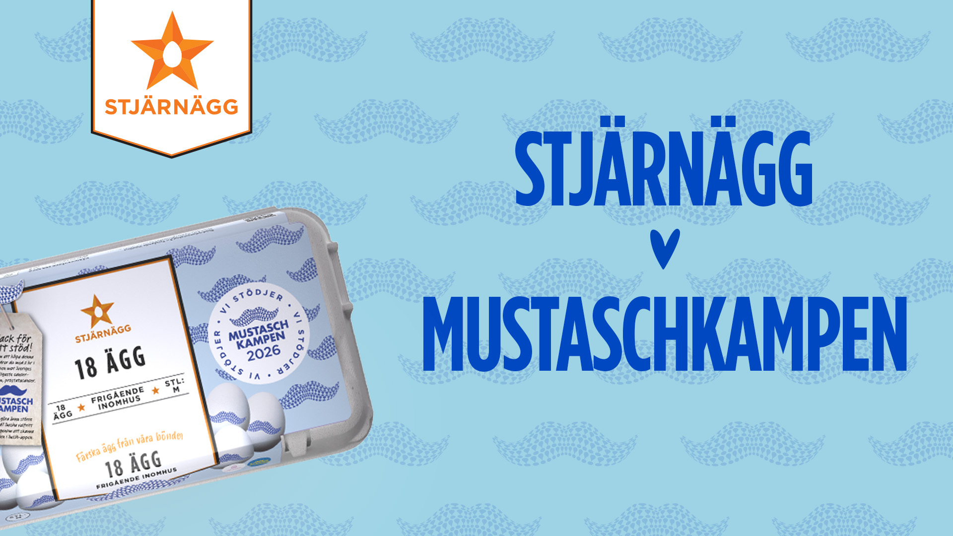 En kartong med 18 Stjärnägg-ägg på blå bakgrund med ett mönster av mustascher som upprepas och texten Stjärnägg ♥ Mustaschkampen.