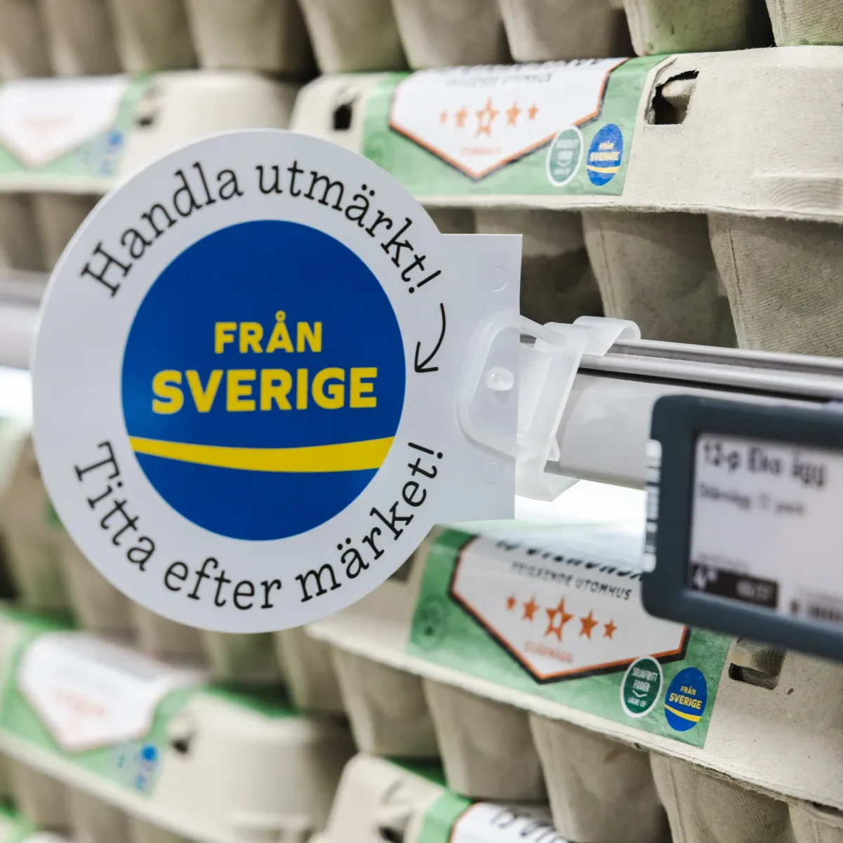 Stjärnägg En "Från Sverige"-skylt är fäst på en hylla i ett snabbköp som är full av äggkartonger. En digital prislapp visar 54,95 kronor. Skylten uppmuntrar till att köpa svenska produkter med svensk text.